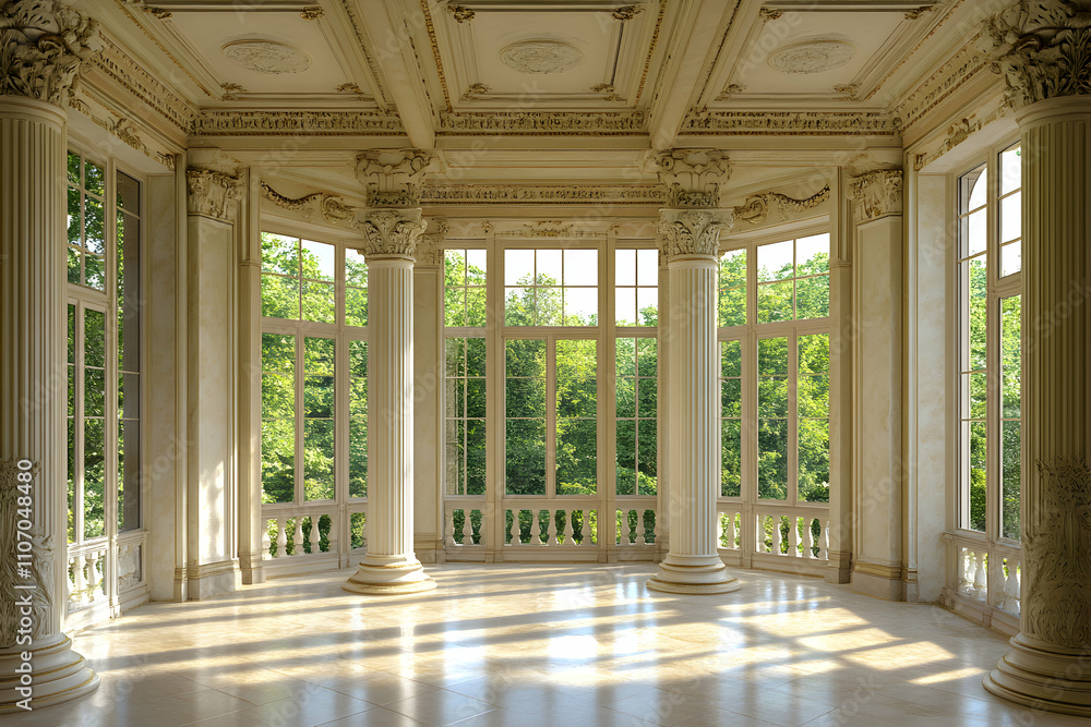 Obraz premium Elegant Sunlit Classical Room, Grand Architectural Design with Ornate Columns and Expansive Windows Overlooking Lush Greenery