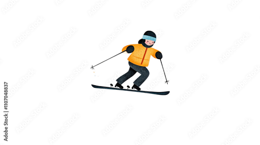 Cartoon Character Skiing on Snowy Slope with Joyful Expression