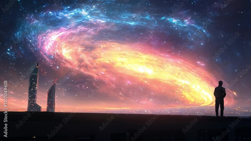 A Cityscape Beneath a Blazing Cosmic Spiral A Cityscape Beneath a Blazing Cosmic Spiral