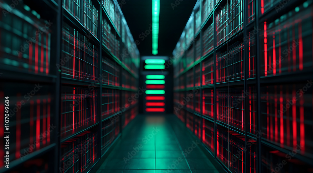 A futuristic server room filled with illuminated racks, showcasing a high-tech atmosphere with red and green lighting.