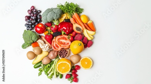 Fototapeta Naklejka Na Ścianę i Meble -  A combination of a brain and colorful fruits and vegetables on a white background, symbolizing the impact of nutrition on brain health, Surrealism style
