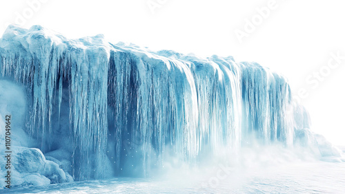 A frozen waterfall, icy winter theme, sparkling details, white and blue tones, isolated on white background 