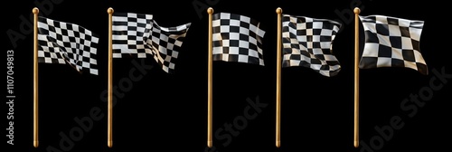 Five Checkered Flags on Wooden Poles Against a Black Background photo