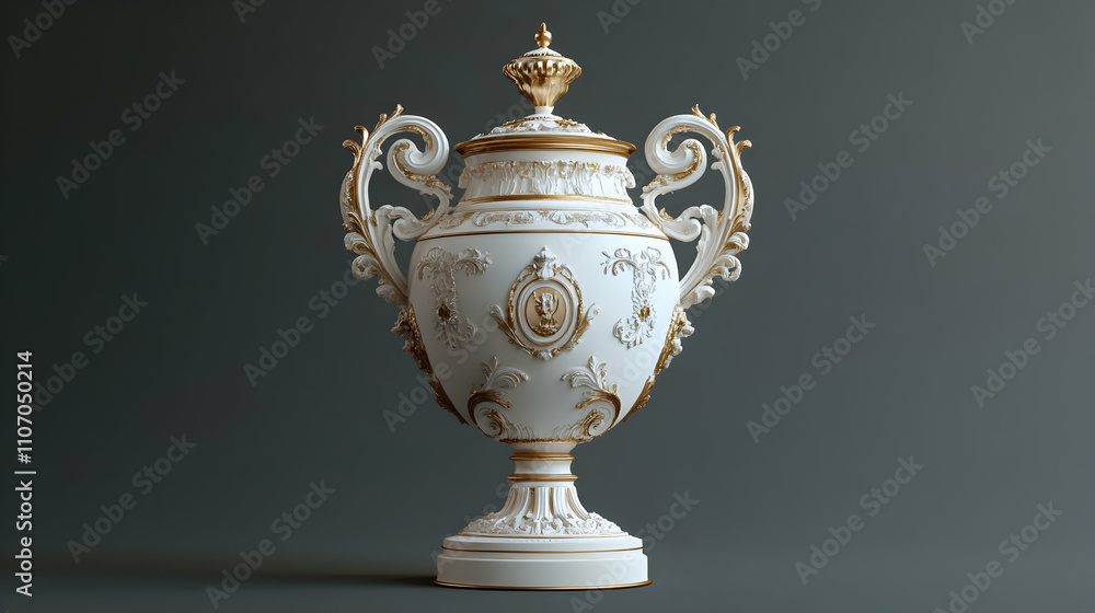 Elegant Ornate White Gold Urn, A Decorative Trophy Vessel with Intricate Rococo Detailing, Stands Gracefully on Pedestal Against Dark Background Elegant Ornate White Gold Urn, A Decorative Trophy Vessel with Intricate Rococo Detailing, Stands Gracefully on Pedestal Against Dark Background