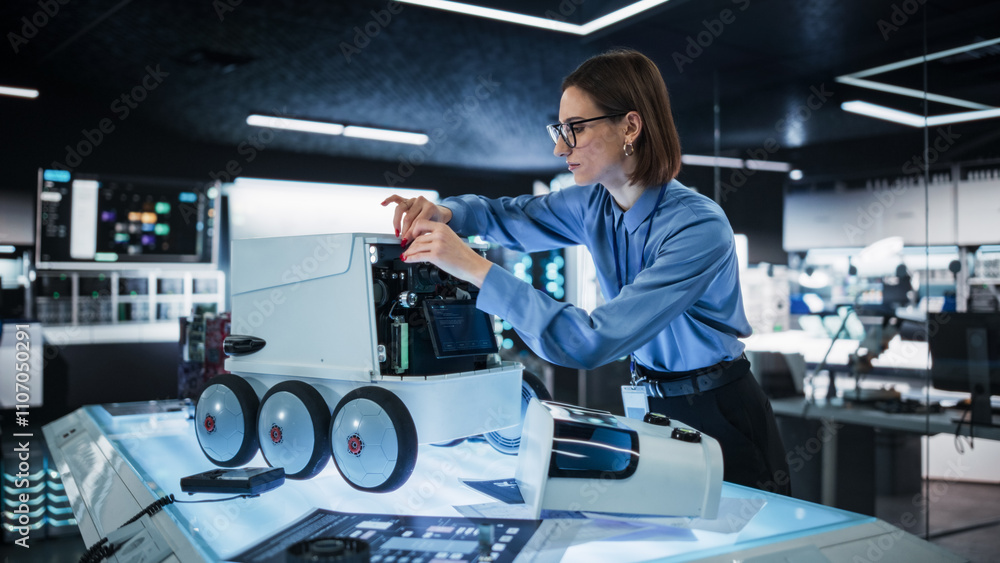 Portrait of a Female Technical Specialist Working in High Tech Research Laboratory with Modern Equipment: Female Adjusting Equipment on a Delivery Robot Portrait of a Female Technical Specialist Working in High Tech Research Laboratory with Modern Equipment: Female Adjusting Equipment on a Delivery Robot