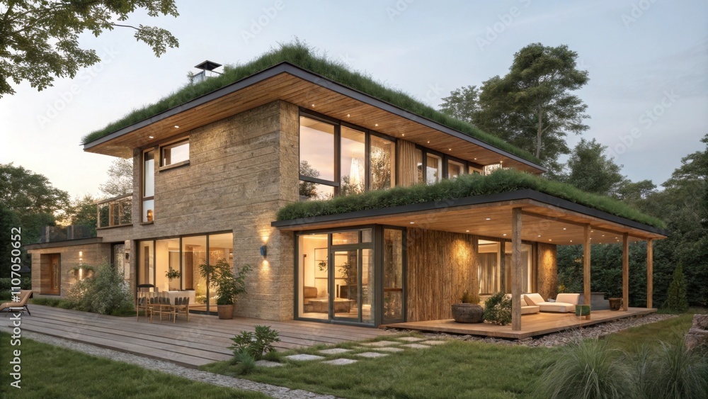 A modern ecological residence featuring walls formed from compressed hemp and organic finishes that create a warm ambiance. A modern ecological residence featuring walls formed from compressed hemp and organic finishes that create a warm ambiance.