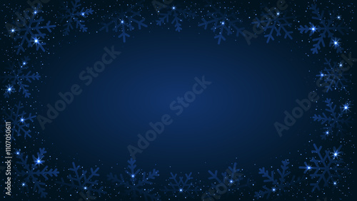 Christmas frame with snowflakes decorated small sequins and lights. Navy winter background