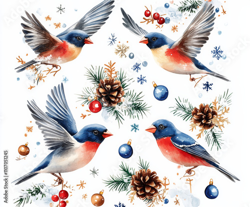 winter background with birds, Set of stickers featuring bullfinches flying among snow and Christmas decorations, in winter colors of red, blue, white, and yellow photo