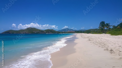 A serene beach scene with clear waters, soft sand, and lush greenery under a bright blue sky.