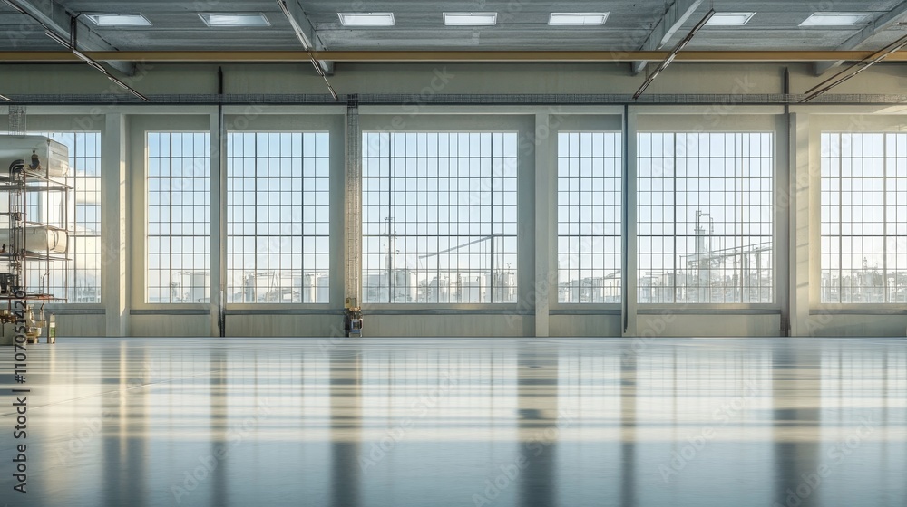 A spacious industrial interior with large windows and a clean floor, ideal for various activities. A spacious industrial interior with large windows and a clean floor, ideal for various activities.