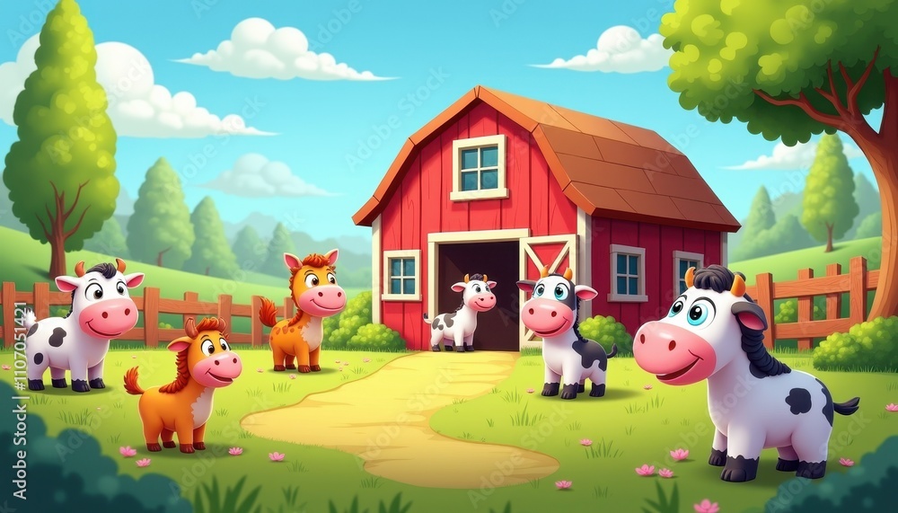 Playful cartoon farmyard with animated animals and a bright red barn. Playful cartoon farmyard with animated animals and a bright red barn.