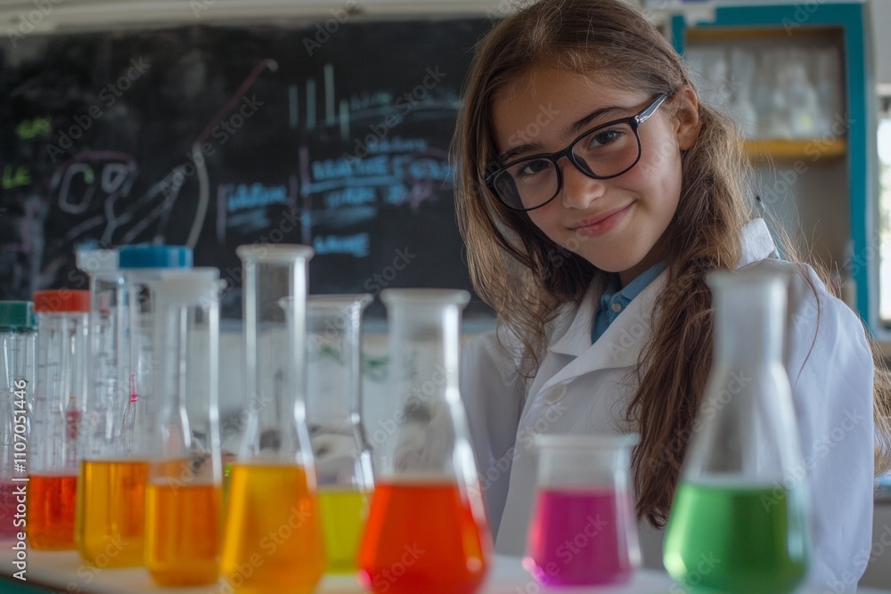 A young girl wearing glasses and a lab coat smiles confidently while standing in front of vibrant chemical solutions in a school laboratory. She is engaged in a scientific experiment A young girl wearing glasses and a lab coat smiles confidently while standing in front of vibrant chemical solutions in a school laboratory. She is engaged in a scientific experiment