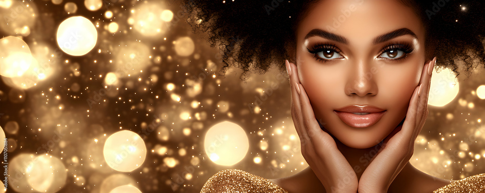 Fototapeta premium Golden Sparkle, A Woman's Portrait against a Shimmering Background