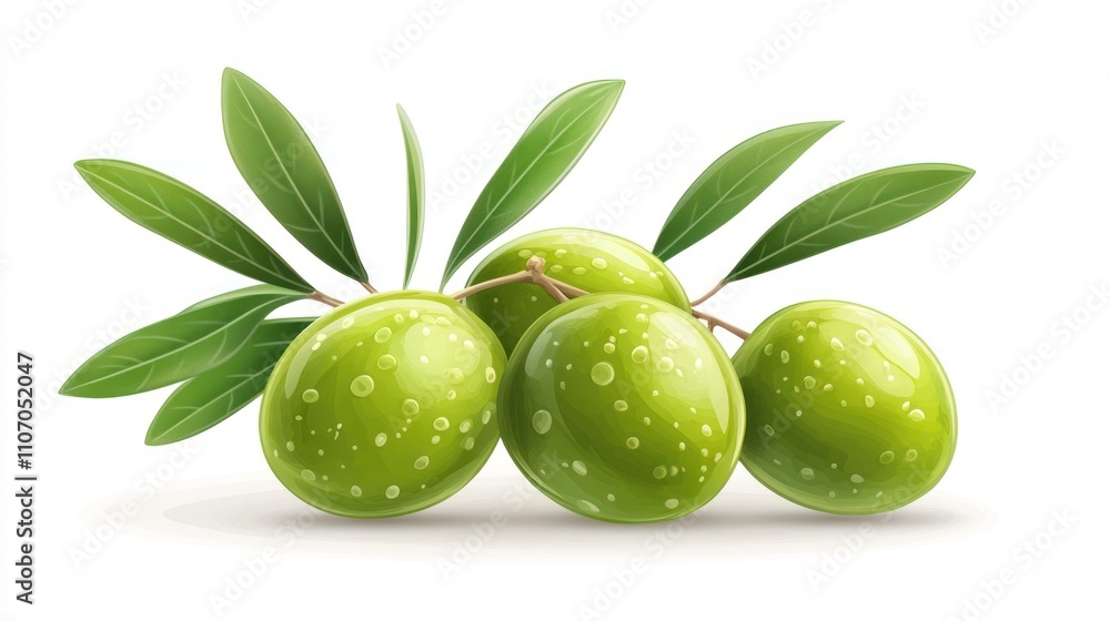 Obraz premium Fresh green olives with leaves and water droplets.