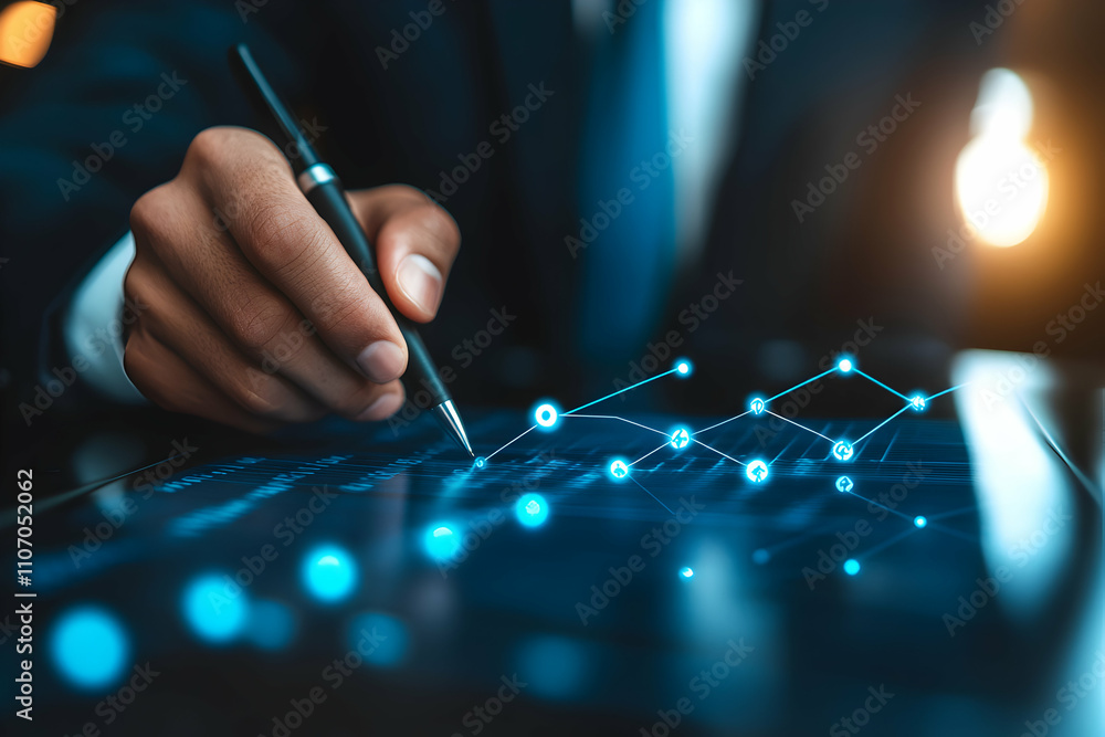 Businessperson Analyzing Data, Interactive Network Graph Shows Growth Trajectory on Digital Tablet Screen. Businessperson Analyzing Data, Interactive Network Graph Shows Growth Trajectory on Digital Tablet Screen.