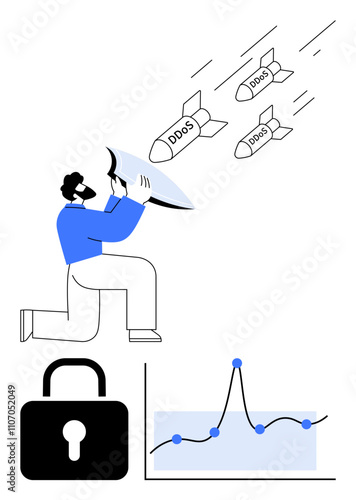Man shields from DDoS attacks using a dish missiles in motion, secure padlock, analytics graph. Ideal for cybersecurity, data protection, internet safety, digital defense, technology, online