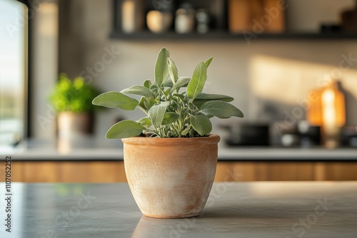 indoor herb garden, a compact sage plant in a clay pot on a sleek kitchen island, complemented by modern interior design photo