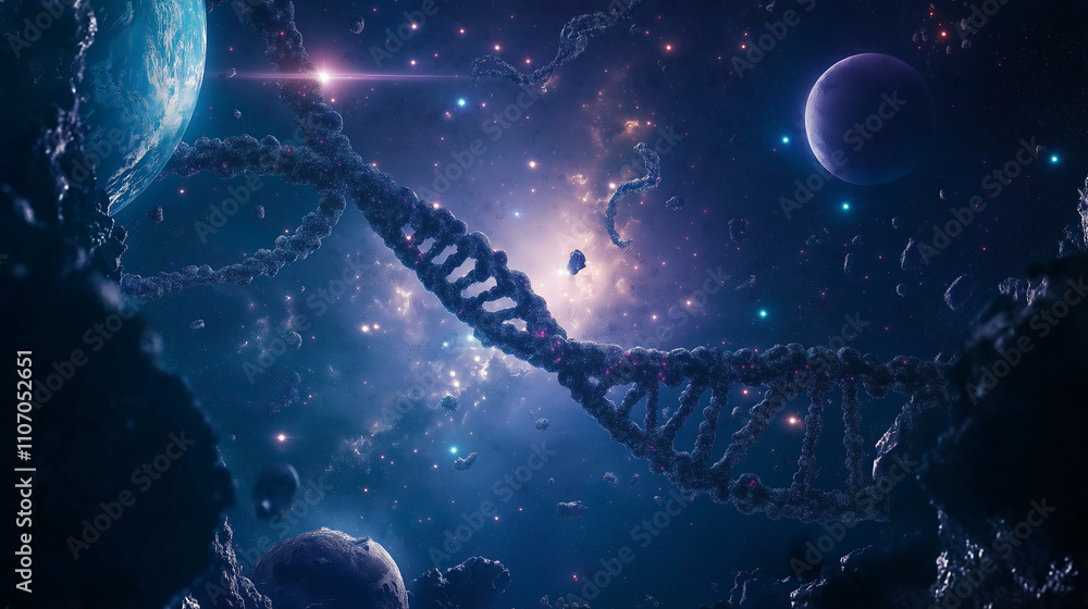 DNA strands floating in space among stars and planets, cosmic lighting, galactic theme DNA strands floating in space among stars and planets, cosmic lighting, galactic theme