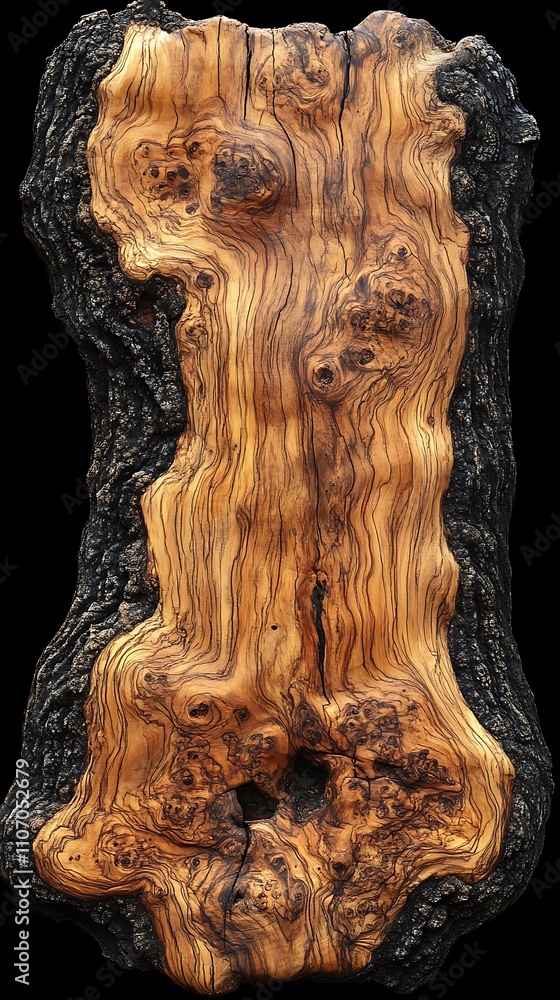 Rustic wood slab with bark edge, showing unique grain patterns and texture. Rustic wood slab with bark edge, showing unique grain patterns and texture.