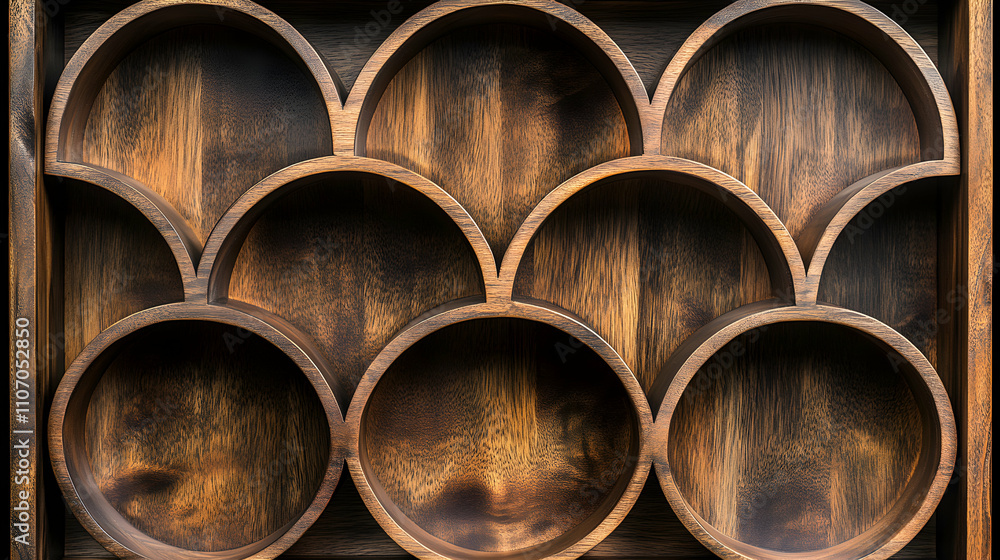 Intricate Wooden Display Case, Circular Compartments in a Dark Brown Wooden Frame, Geometric Design, Empty Shelves, Artisan Craftsmanship Intricate Wooden Display Case, Circular Compartments in a Dark Brown Wooden Frame, Geometric Design, Empty Shelves, Artisan Craftsmanship