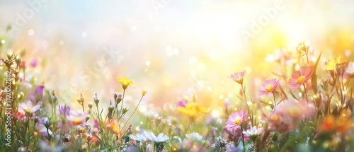 Vibrant summer flower meadow with sunbeams and bokeh lights nature background banner featuring wildflowers and copy space for greeting cards and spring designs