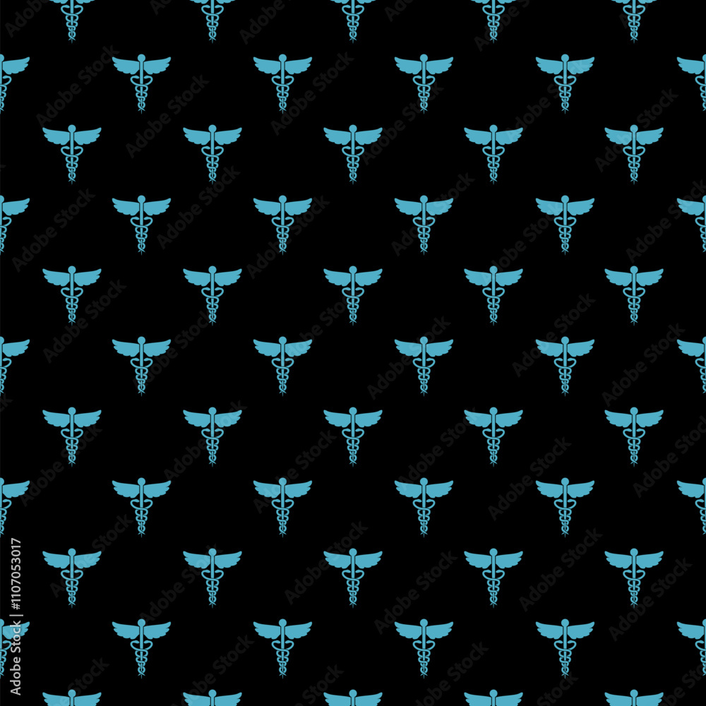 Fototapeta premium Caduceus snake medical symbol icon isolated seamless pattern on black background