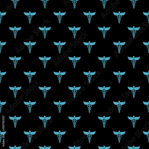 Caduceus snake medical symbol icon isolated seamless pattern on black background