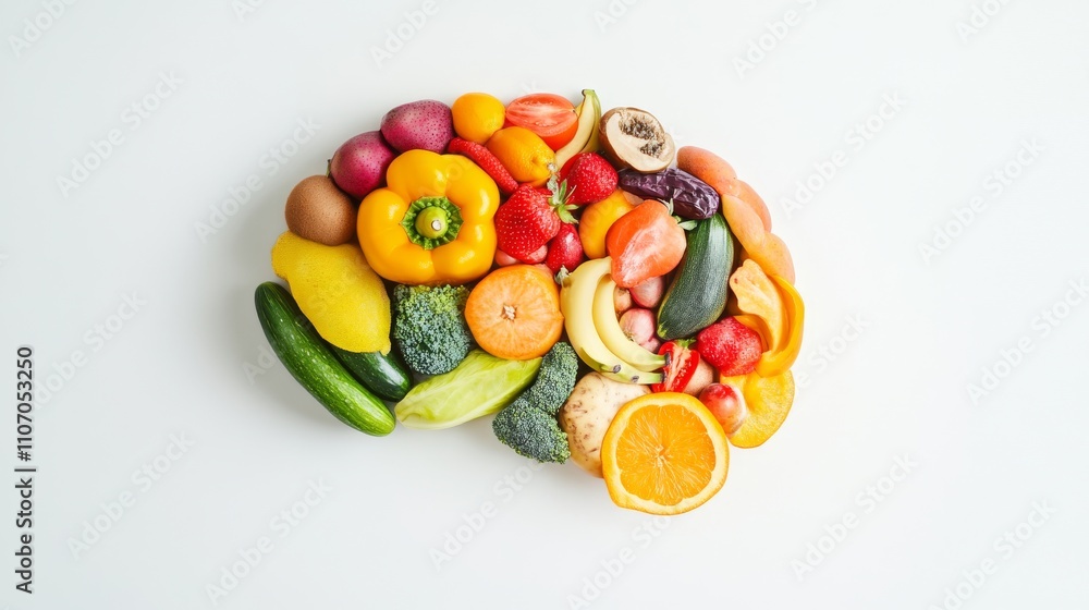 A conceptual fusion of a brain with fruits and vegetables against a white background, macro shot, Minimalist style A conceptual fusion of a brain with fruits and vegetables against a white background, macro shot, Minimalist style