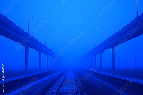 Elevated Train Tracks Vanishing in Blue Fog, Atmospheric Railway Vista photo