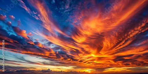 Fiery Sunset Sky A Dramatic Display of Colorful Clouds with Swirling Hues of Orange, Red, and Blue at Dusk