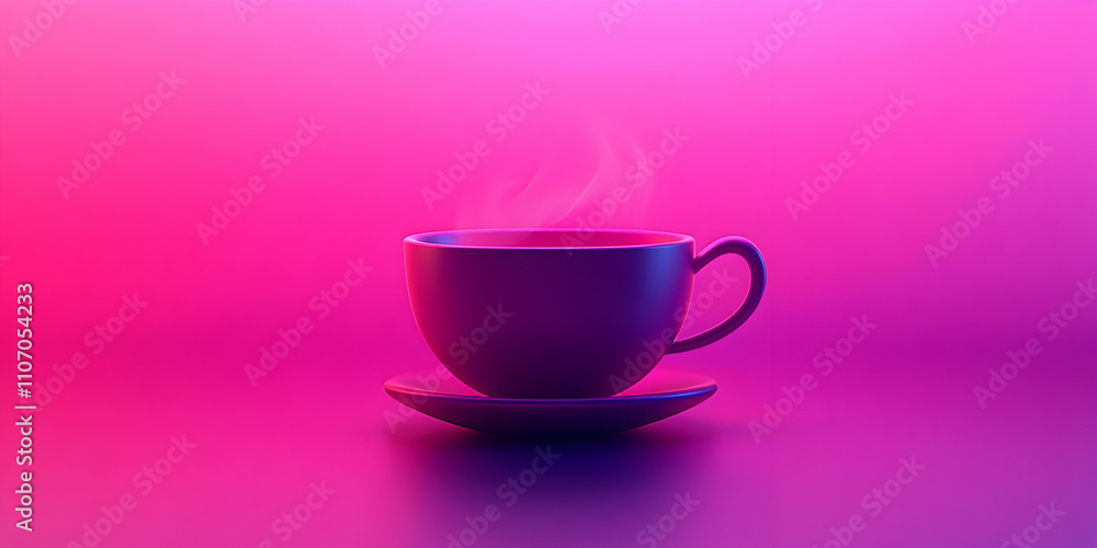 Vibrant Purple Coffee Cup on Pink Background, A digital illustration of a steaming mug, perfectly placed on its saucer, against a radiant, gradient pink backdrop. Vibrant Purple Coffee Cup on Pink Background, A digital illustration of a steaming mug, perfectly placed on its saucer, against a radiant, gradient pink backdrop.
