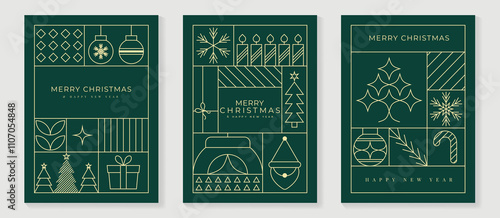 Merry Christmas and Happy New Year greeting card vector set. Luxury invitation with Christmas tree, snowflake, santa, gold line art on green background. Design illustration for season's card, ads.