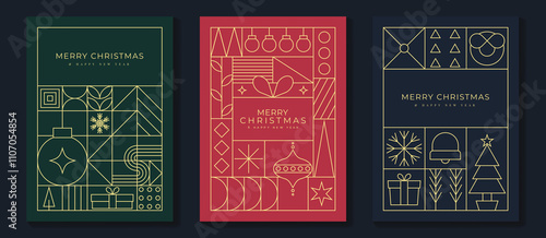 Merry Christmas and Happy New Year greeting card vector set. Luxury invitation with Christmas tree, wreath, line art on green, red and navy blue background. Design illustration for season's card, ads.