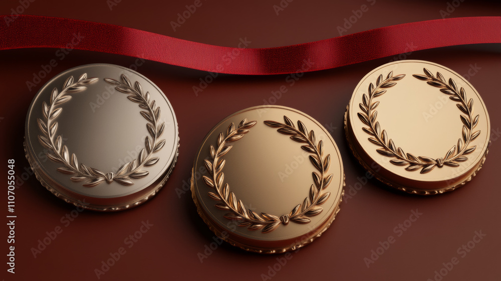 Gold, silver and bronze medal with laurel wreath pattern on red ribbon. Realistic 3d vector set of championship awards and trophy. glossy shiny round reward badge. Contest or tournament achievement. Gold, silver and bronze medal with laurel wreath pattern on red ribbon. Realistic 3d vector set of championship awards and trophy. glossy shiny round reward badge. Contest or tournament achievement.