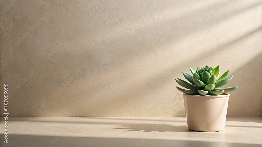 Serene succulent in a beige pot on a light surface against a textured wall, bathed in soft sunlight. Serene succulent in a beige pot on a light surface against a textured wall, bathed in soft sunlight.
