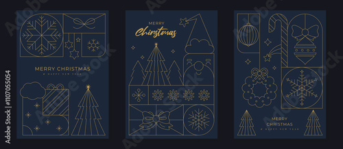 Merry Christmas and Happy New Year greeting card vector set. Luxury invitation with Christmas tree, santa, snowflake, gold line art on navy blue background. Design illustration for season's card, ads.