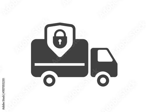 Cargo freight transportation insurance icon vector simple graphic illustration logo, delivery shipping truck car with web shield safety protected sign symbol pictogram, secure transfer guarantee
