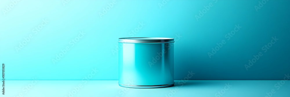 Cyan Metal Can on Teal Background, Minimalist Product Display Cyan Metal Can on Teal Background, Minimalist Product Display