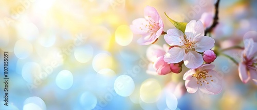 Beautiful pink cherry blossoms in full bloom during spring and easter season, set against a sunlit garden with soft blurred bokeh background featuring blue, yellow, and white lights