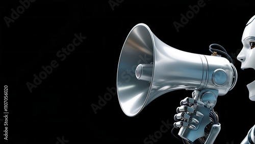 Fototapeta Naklejka Na Ścianę i Meble -  Humanoid Robot with Megaphone for Communication with black background , robot marketing copy space background