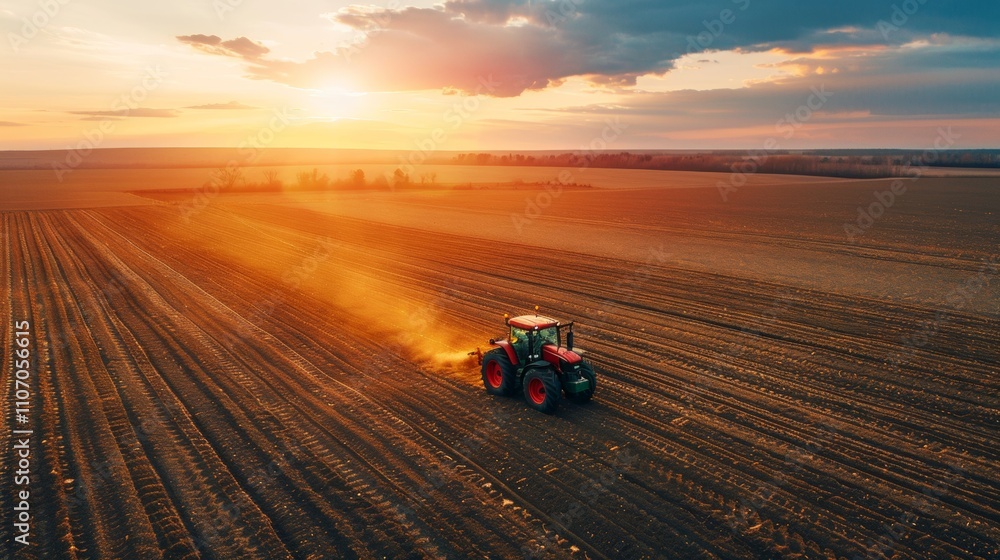 Sunset Farmland Tractor Aerial View: Golden Hour Agriculture Scenery Sunset Farmland Tractor Aerial View: Golden Hour Agriculture Scenery