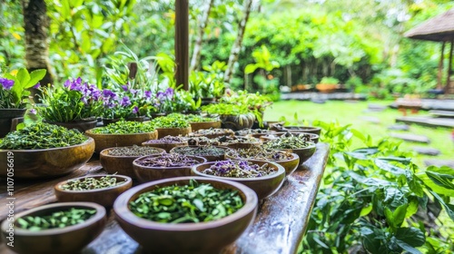 Fototapeta Naklejka Na Ścianę i Meble -  Outdoor herbal garden photography display of fresh plants and spices in a vibrant setting