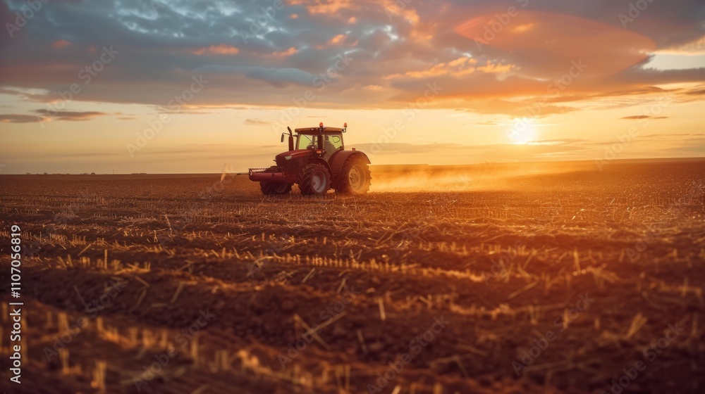 Fototapeta premium Sunset Tractor in a Plowed Field: Agricultural Scene at Golden Hour