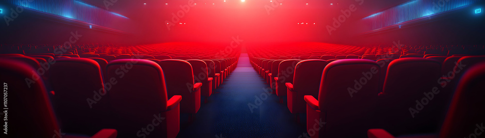 Obraz premium Empty Red Cinema Seats, A Dramatic Cinematic Background, Illuminated Stage, Rows of Plush Chairs Await the Audience