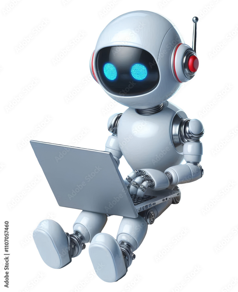 A Friendly Robot Sitting and Using a Laptop, Isolated on Transparent and White Background A Friendly Robot Sitting and Using a Laptop, Isolated on Transparent and White Background
