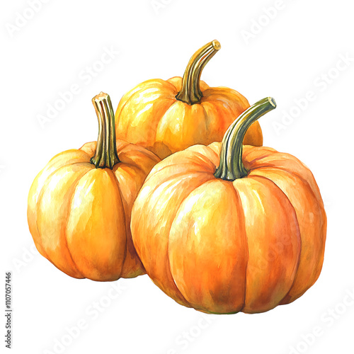 Watercolor painting of three orange pumpkins isolated transparent background photo