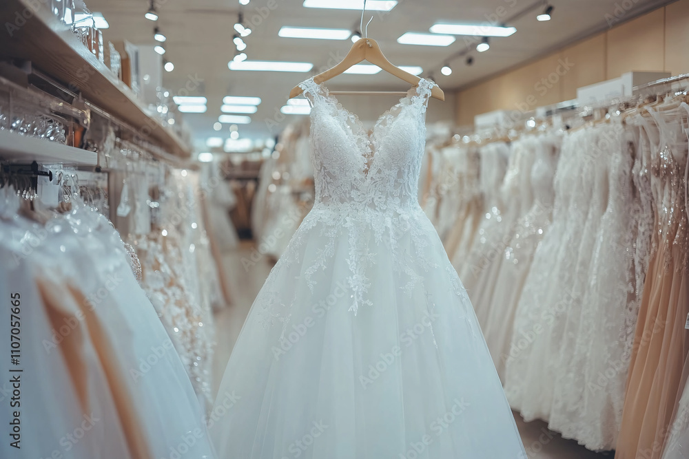 white wedding dress on a hanger in store white wedding dress on a hanger in store