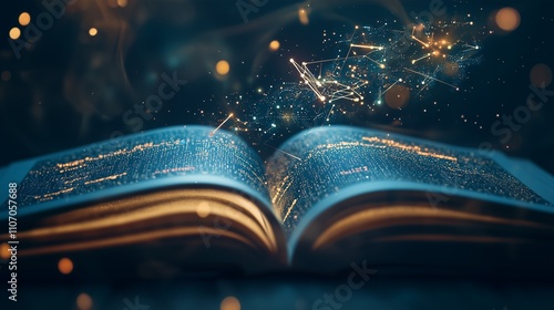 An open book with holographic data and marketing strategies flying off the pages, representing the fusion of knowledge and technology. Soft, ambient lighting creates a modern feel with room 