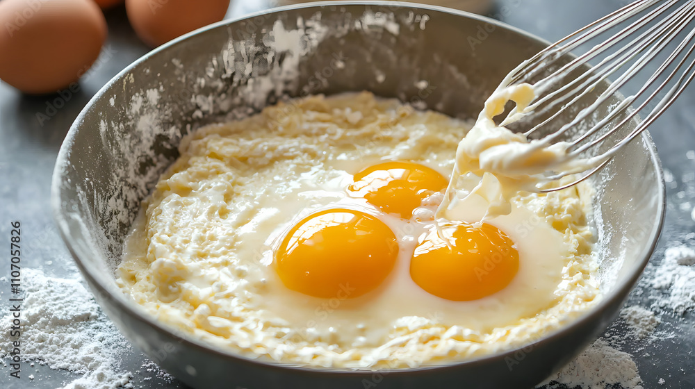 Creamy batter made with flour, eggs, and milk, perfect for baking. vibrant yolks blend into mixture, creating rich texture Creamy batter made with flour, eggs, and milk, perfect for baking. vibrant yolks blend into mixture, creating rich texture