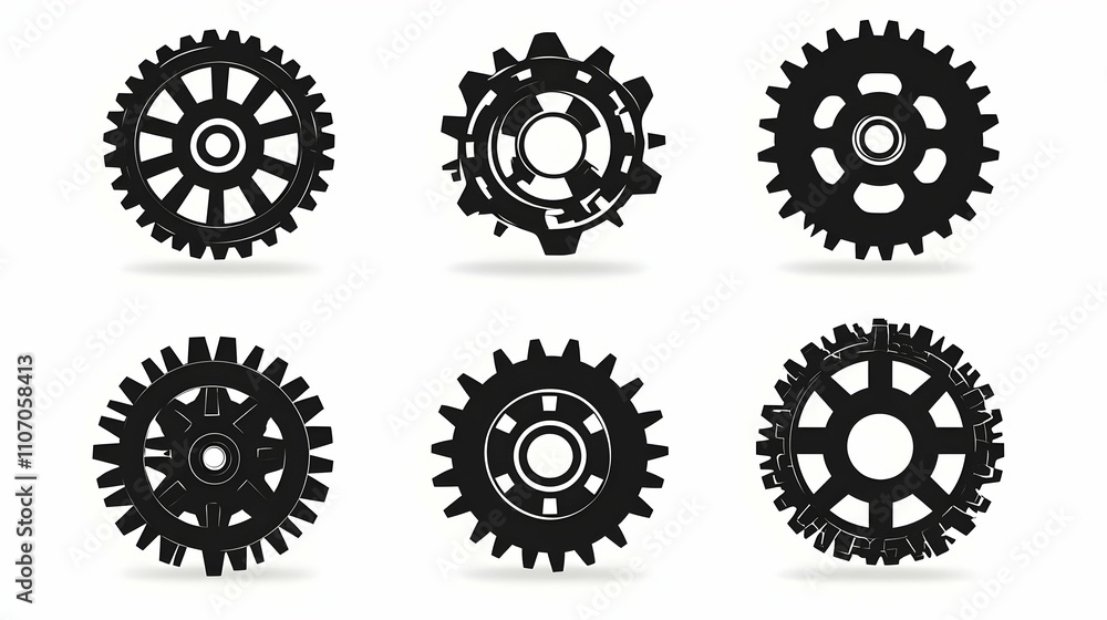 Six Black Gear Illustrations on White